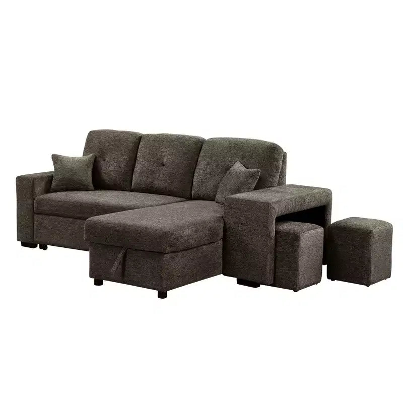 Divano Sezionale a L Reversibile con Chaise Longue Contenitore, Ripiano Laterale e 2 Sgabelli - Divano Letto Estraibile per Soggiorno