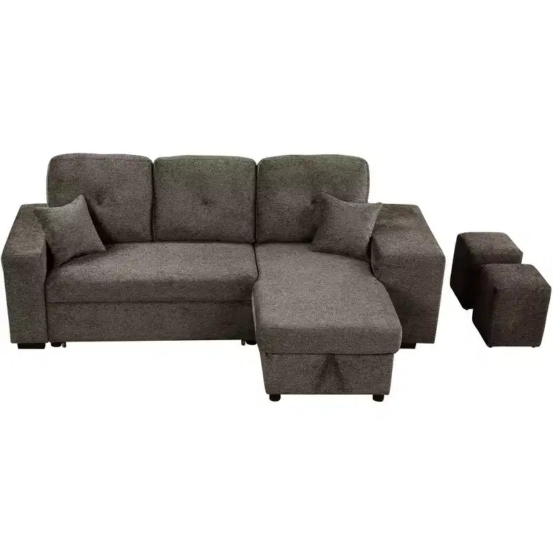Divano Sezionale a L Reversibile con Chaise Longue Contenitore, Ripiano Laterale e 2 Sgabelli - Divano Letto Estraibile per Soggiorno