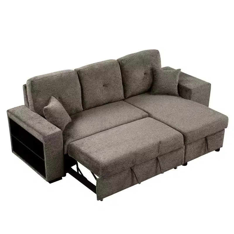 Divano Sezionale a L Reversibile con Chaise Longue Contenitore, Ripiano Laterale e 2 Sgabelli - Divano Letto Estraibile per Soggiorno