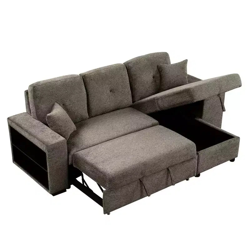 Divano Sezionale a L Reversibile con Chaise Longue Contenitore, Ripiano Laterale e 2 Sgabelli - Divano Letto Estraibile per Soggiorno