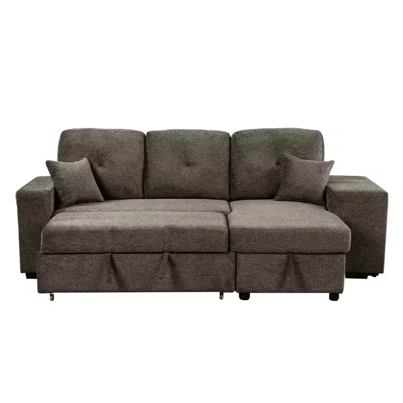 Divano Sezionale a L Reversibile con Chaise Longue Contenitore, Ripiano Laterale e 2 Sgabelli - Divano Letto Estraibile per Soggiorno