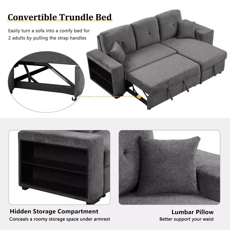 Divano Sezionale a L Reversibile con Chaise Longue Contenitore, Ripiano Laterale e 2 Sgabelli - Divano Letto Estraibile per Soggiorno