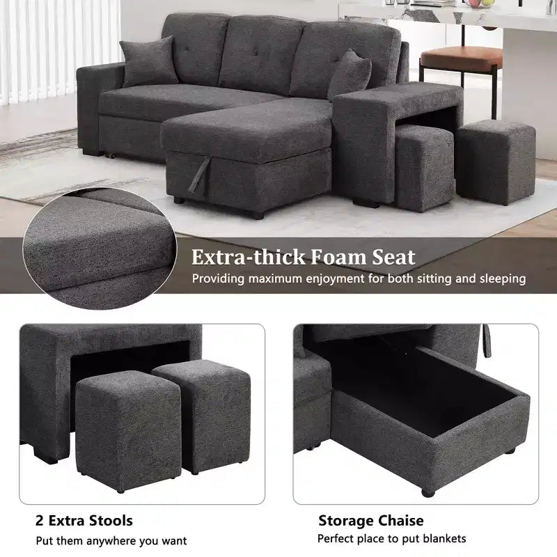 Divano Sezionale a L Reversibile con Chaise Longue Contenitore, Ripiano Laterale e 2 Sgabelli - Divano Letto Estraibile per Soggiorno