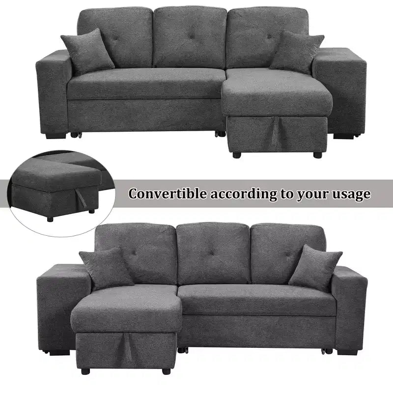 Divano Sezionale a L Reversibile con Chaise Longue Contenitore, Ripiano Laterale e 2 Sgabelli - Divano Letto Estraibile per Soggiorno