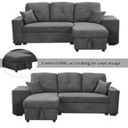 Divano Sezionale a L Reversibile con Chaise Longue Contenitore, Ripiano Laterale e 2 Sgabelli - Divano Letto Estraibile per Soggiorno