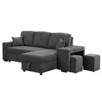 Divano Sezionale a L Reversibile con Chaise Longue Contenitore, Ripiano Laterale e 2 Sgabelli - Divano Letto Estraibile per Soggiorno