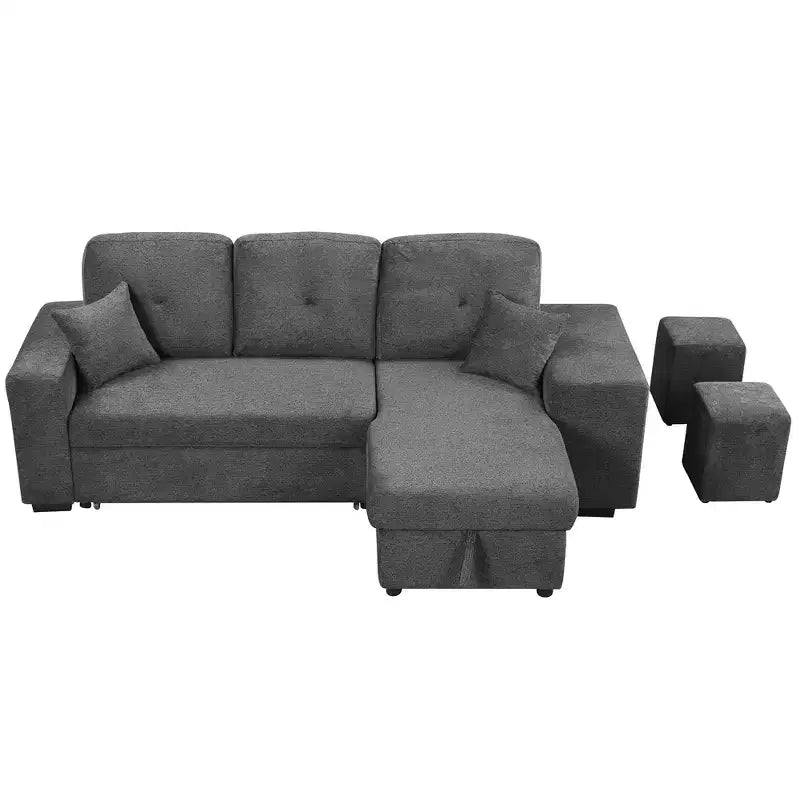 Divano Sezionale a L Reversibile con Chaise Longue Contenitore, Ripiano Laterale e 2 Sgabelli - Divano Letto Estraibile per Soggiorno