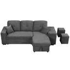 Divano Sezionale a L Reversibile con Chaise Longue Contenitore, Ripiano Laterale e 2 Sgabelli - Divano Letto Estraibile per Soggiorno