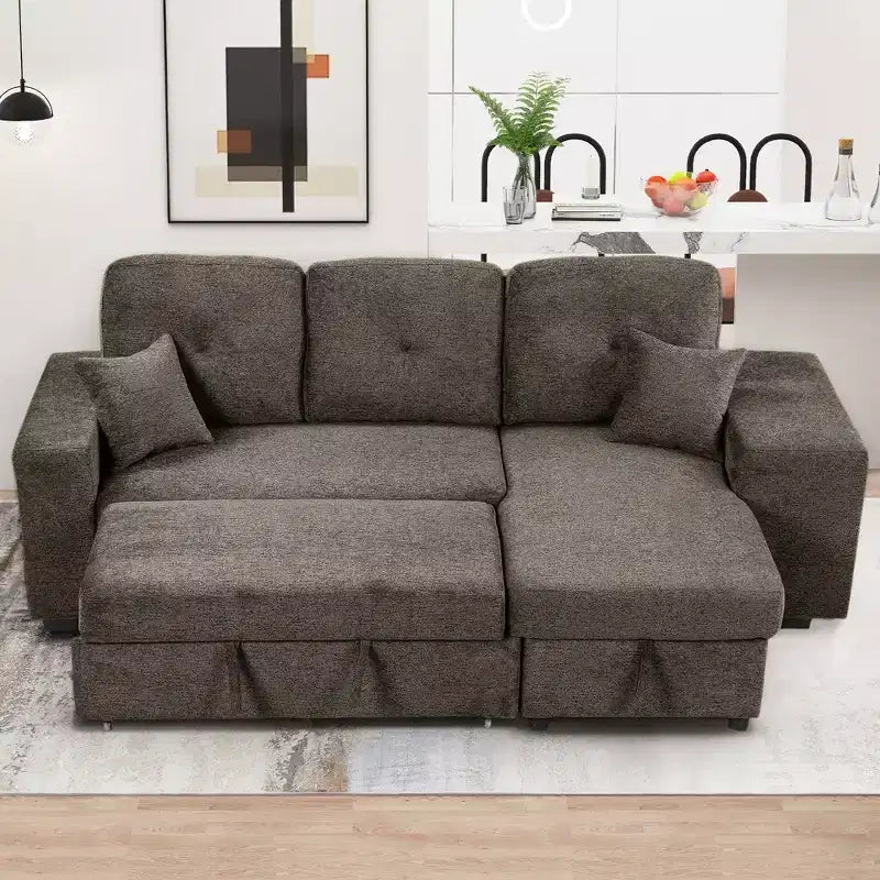 Divano Sezionale a L Reversibile con Chaise Longue Contenitore, Ripiano Laterale e 2 Sgabelli - Divano Letto Estraibile per Soggiorno