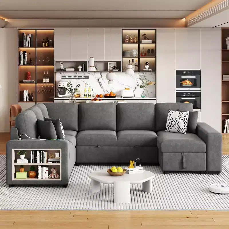 Divano letto angolare a U 109" con porte USB, chaise longue contenitore e 4 cuscini - Divano letto convertibile per soggiorno
