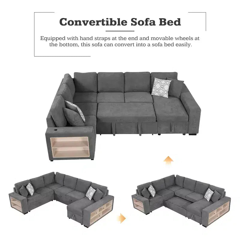 Divano letto angolare a U 109" con porte USB, chaise longue contenitore e 4 cuscini - Divano letto convertibile per soggiorno