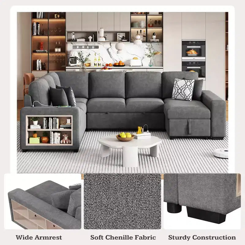 Divano letto angolare a U 109" con porte USB, chaise longue contenitore e 4 cuscini - Divano letto convertibile per soggiorno