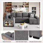 Divano letto angolare a U 109" con porte USB, chaise longue contenitore e 4 cuscini - Divano letto convertibile per soggiorno