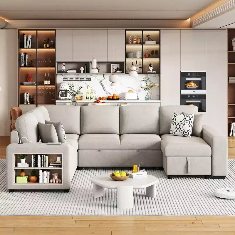 Divano letto angolare a U 109" con porte USB, chaise longue contenitore e 4 cuscini - Divano letto convertibile per soggiorno