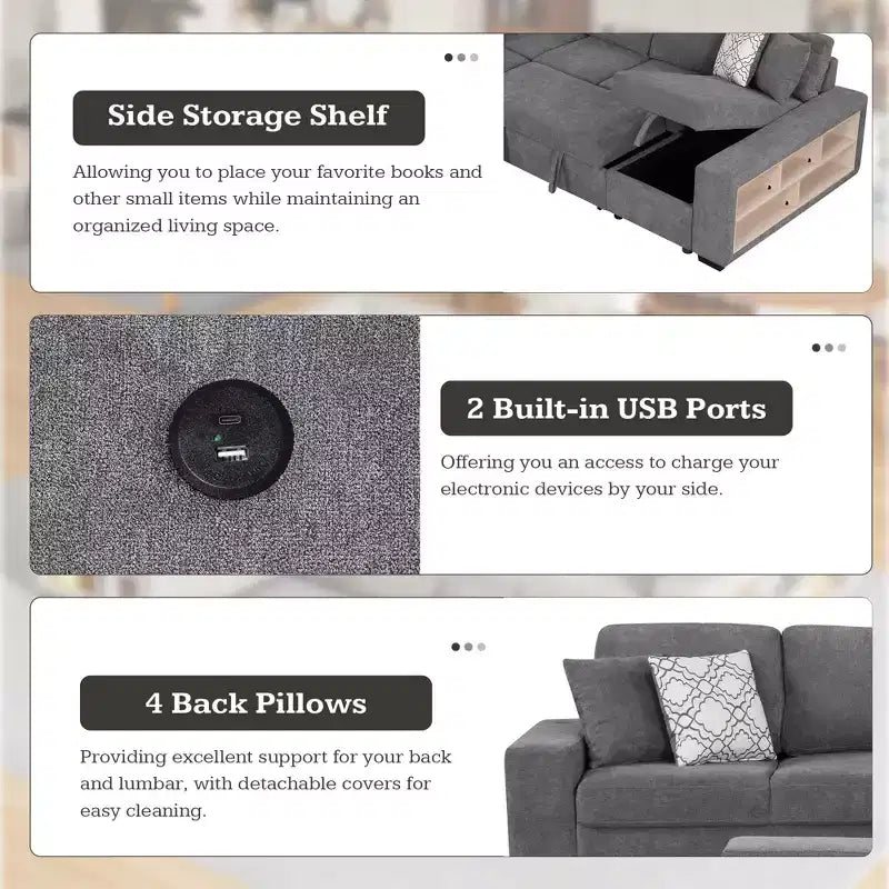 Divano letto angolare a U 109" con porte USB, chaise longue contenitore e 4 cuscini - Divano letto convertibile per soggiorno