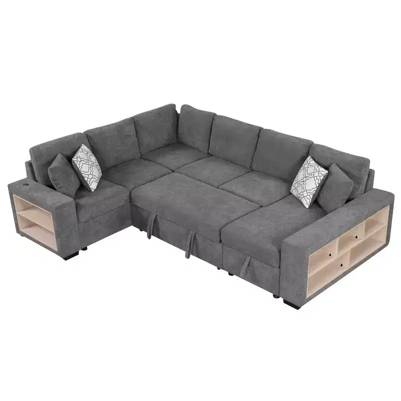 Divano letto angolare a U 109" con porte USB, chaise longue contenitore e 4 cuscini - Divano letto convertibile per soggiorno