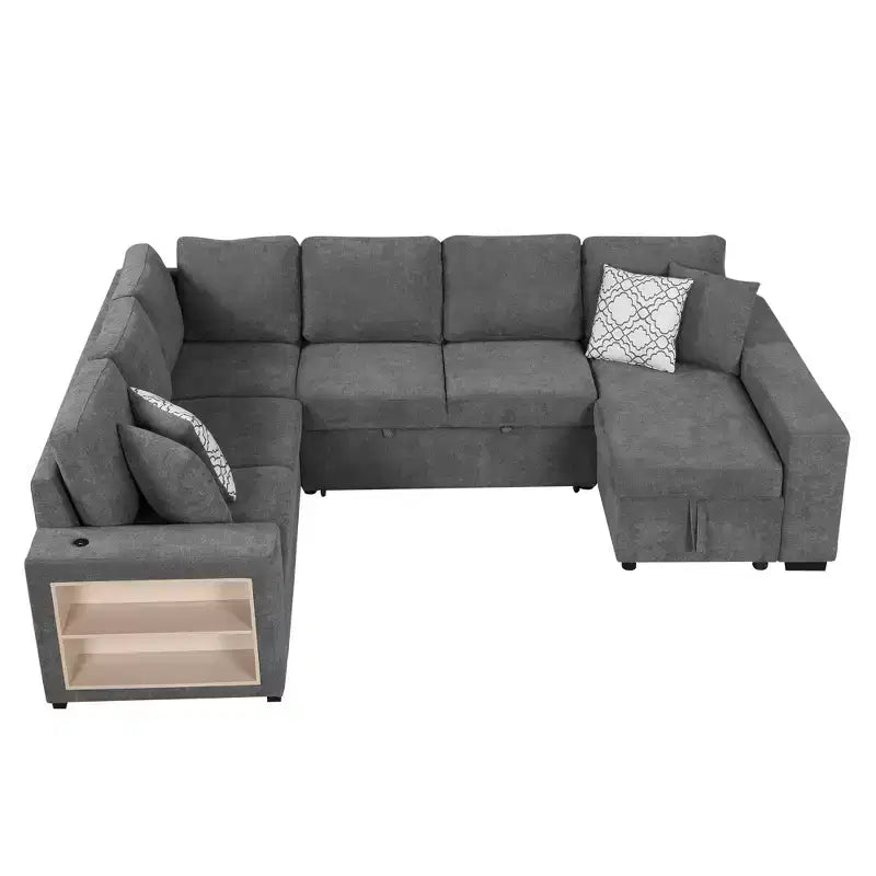 Divano letto angolare a U 109" con porte USB, chaise longue contenitore e 4 cuscini - Divano letto convertibile per soggiorno