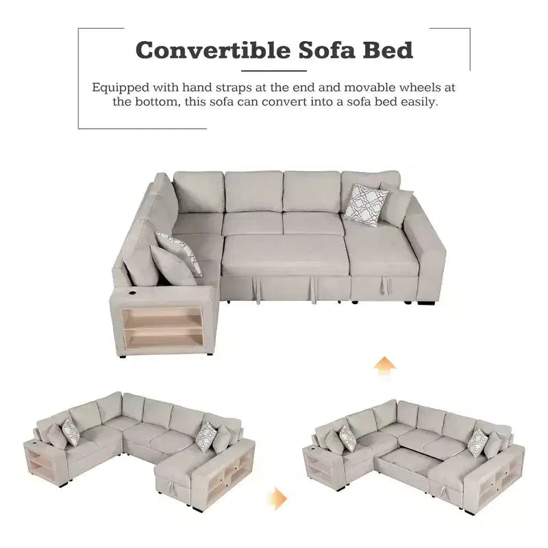 Divano letto angolare a U 109" con porte USB, chaise longue contenitore e 4 cuscini - Divano letto convertibile per soggiorno