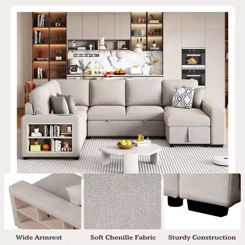 Divano letto angolare a U 109" con porte USB, chaise longue contenitore e 4 cuscini - Divano letto convertibile per soggiorno