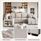 Divano letto angolare a U 109" con porte USB, chaise longue contenitore e 4 cuscini - Divano letto convertibile per soggiorno