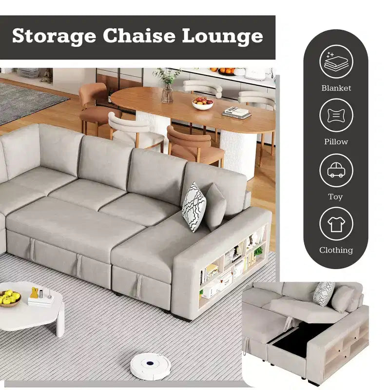 Divano letto angolare a U 109" con porte USB, chaise longue contenitore e 4 cuscini - Divano letto convertibile per soggiorno
