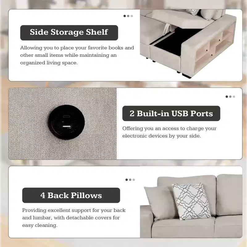 Divano letto angolare a U 109" con porte USB, chaise longue contenitore e 4 cuscini - Divano letto convertibile per soggiorno