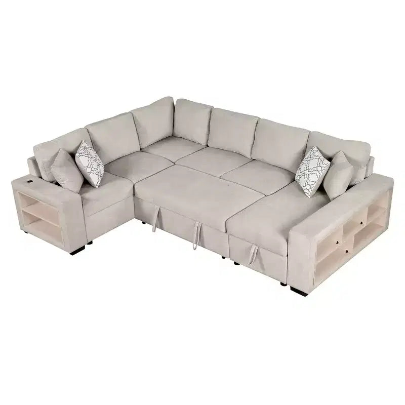 Divano letto angolare a U 109" con porte USB, chaise longue contenitore e 4 cuscini - Divano letto convertibile per soggiorno