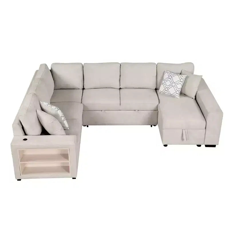 Divano letto angolare a U 109" con porte USB, chaise longue contenitore e 4 cuscini - Divano letto convertibile per soggiorno