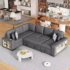Divano letto angolare a U 109" con porte USB, chaise longue contenitore e 4 cuscini - Divano letto convertibile per soggiorno