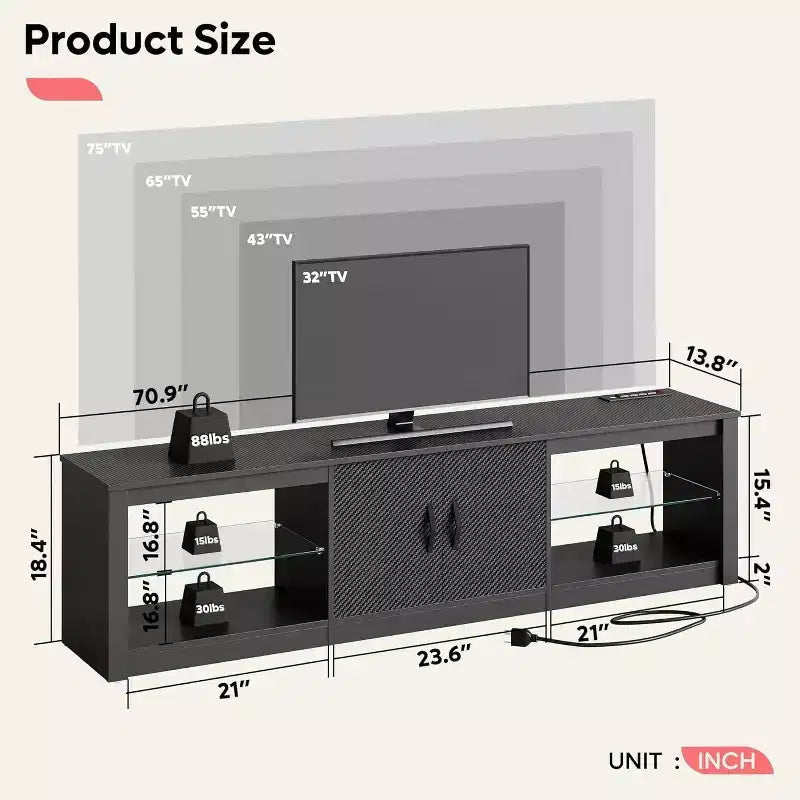 Mobile TV Bestier da 70 con LED per TV fino a 75, Centro d'Intrattenimento per Soggiorno