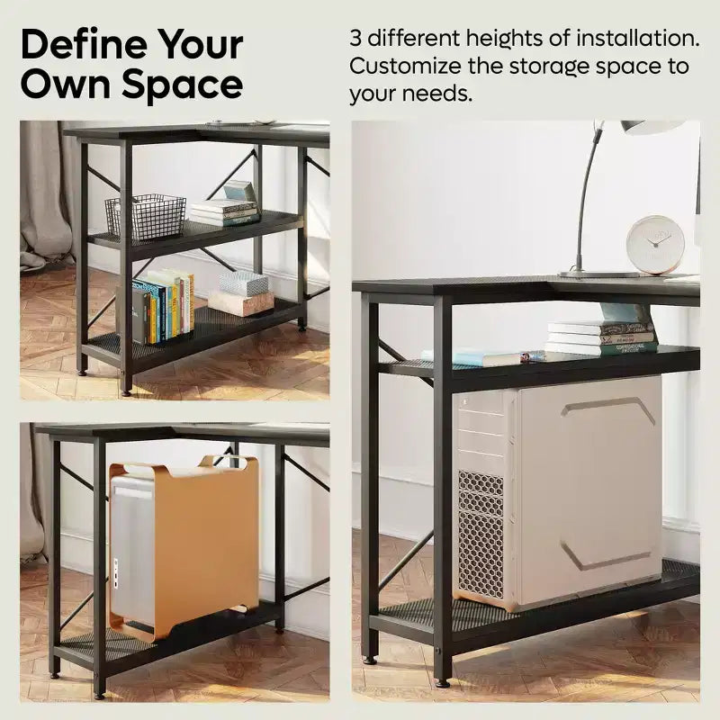 Bestier Scrivania ad angolo a L piccola con ripiani, scrivania da lavoro per studio da 120 cm, workstation per ufficio domestico per piccoli spazi