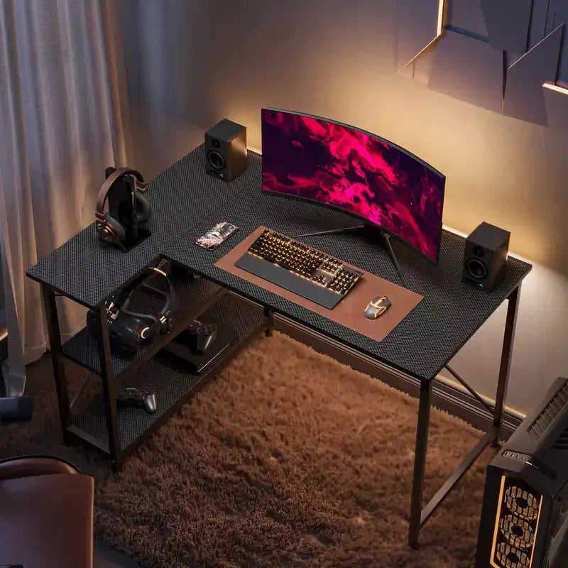 Bestier Scrivania ad angolo a L piccola con ripiani, scrivania da lavoro per studio da 120 cm, workstation per ufficio domestico per piccoli spazi