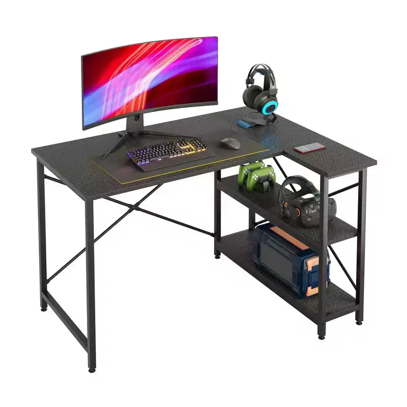 Bestier Scrivania ad angolo a L piccola con ripiani, scrivania da lavoro per studio da 120 cm, workstation per ufficio domestico per piccoli spazi