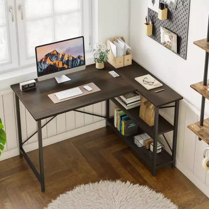Bestier Scrivania ad angolo a L piccola con ripiani, scrivania da lavoro per studio da 120 cm, workstation per ufficio domestico per piccoli spazi