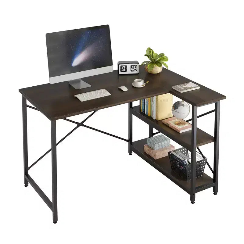 Bestier Scrivania ad angolo a L piccola con ripiani, scrivania da lavoro per studio da 120 cm, workstation per ufficio domestico per piccoli spazi