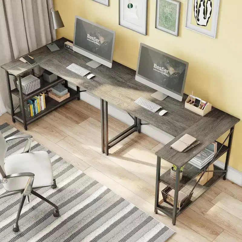 Bestier Scrivania ad angolo a L piccola con ripiani, scrivania da lavoro per studio da 120 cm, workstation per ufficio domestico per piccoli spazi