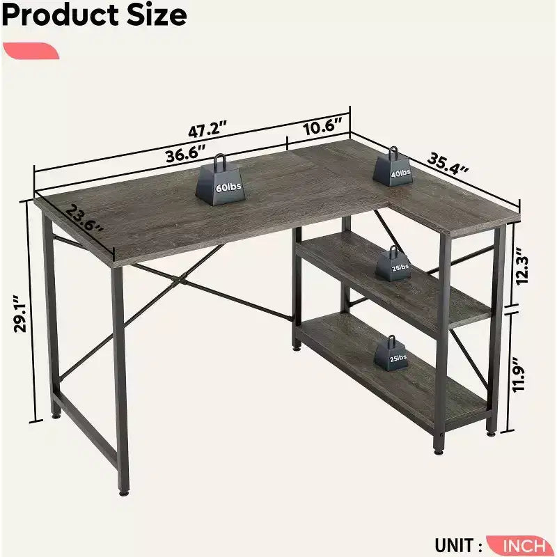 Bestier Scrivania ad angolo a L piccola con ripiani, scrivania da lavoro per studio da 120 cm, workstation per ufficio domestico per piccoli spazi