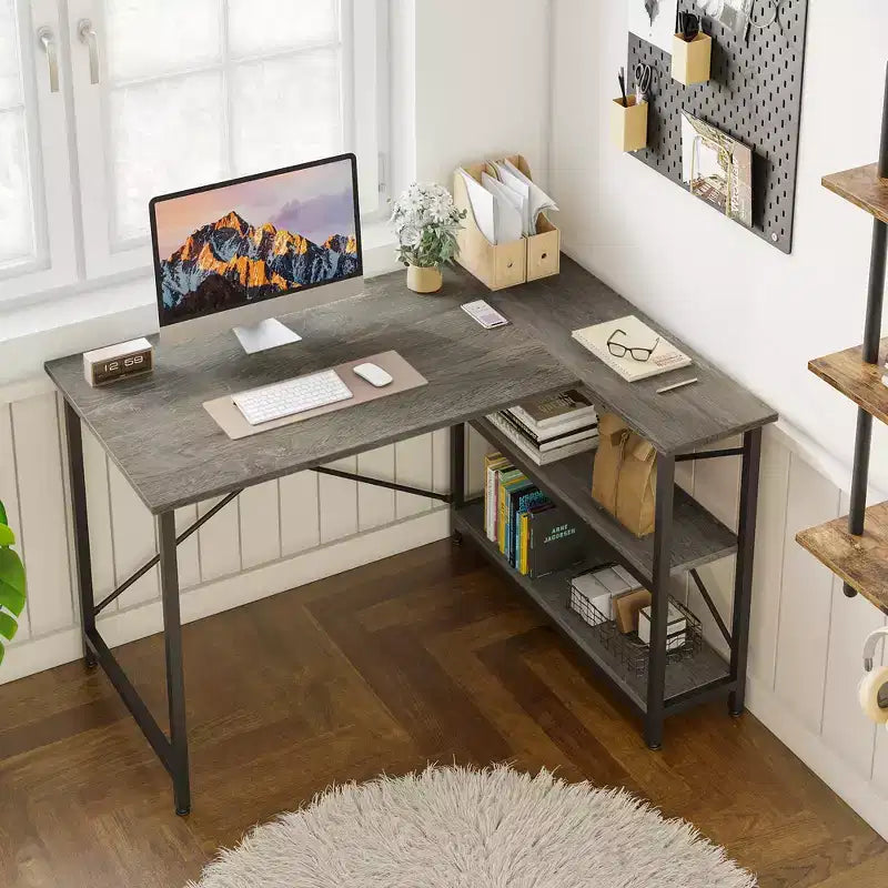 Bestier Scrivania ad angolo a L piccola con ripiani, scrivania da lavoro per studio da 120 cm, workstation per ufficio domestico per piccoli spazi