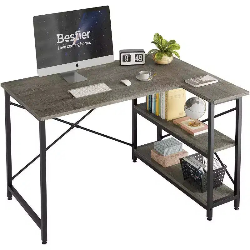 Bestier Scrivania ad angolo a L piccola con ripiani, scrivania da lavoro per studio da 120 cm, workstation per ufficio domestico per piccoli spazi