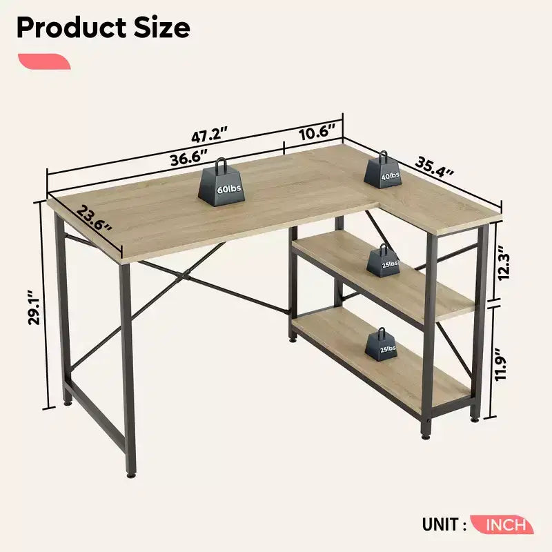 Bestier Scrivania ad angolo a L piccola con ripiani, scrivania da lavoro per studio da 120 cm, workstation per ufficio domestico per piccoli spazi