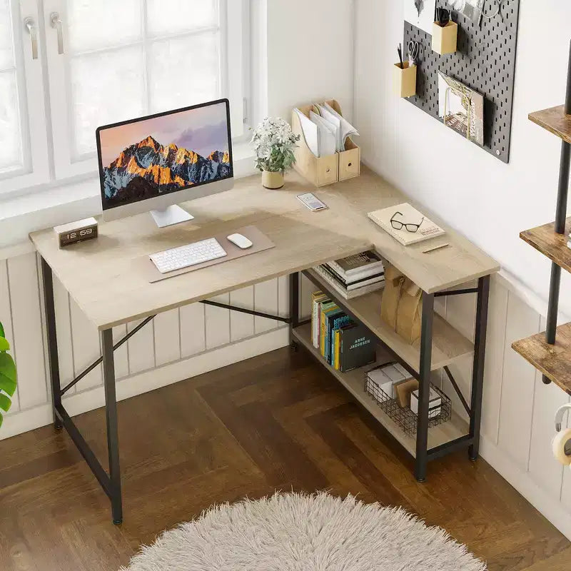 Bestier Scrivania ad angolo a L piccola con ripiani, scrivania da lavoro per studio da 120 cm, workstation per ufficio domestico per piccoli spazi