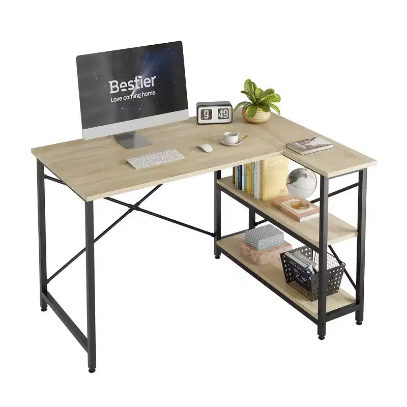 Bestier Scrivania ad angolo a L piccola con ripiani, scrivania da lavoro per studio da 120 cm, workstation per ufficio domestico per piccoli spazi