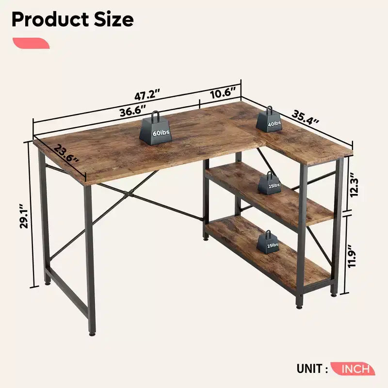 Bestier Scrivania ad angolo a L piccola con ripiani, scrivania da lavoro per studio da 120 cm, workstation per ufficio domestico per piccoli spazi