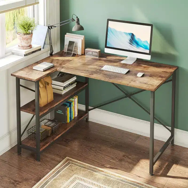 Bestier Scrivania ad angolo a L piccola con ripiani, scrivania da lavoro per studio da 120 cm, workstation per ufficio domestico per piccoli spazi