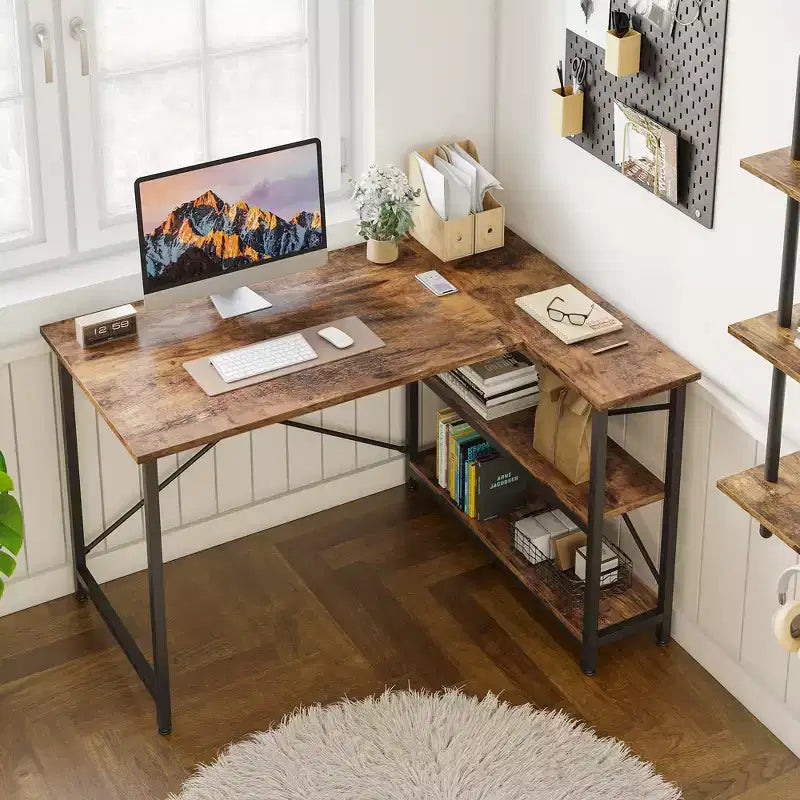 Bestier Scrivania ad angolo a L piccola con ripiani, scrivania da lavoro per studio da 120 cm, workstation per ufficio domestico per piccoli spazi