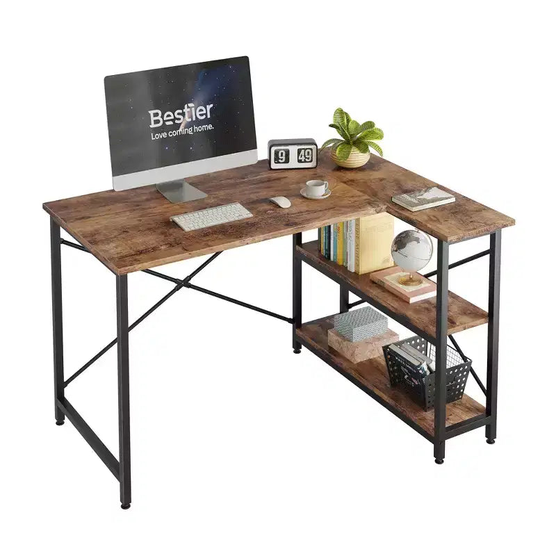 Bestier Scrivania ad angolo a L piccola con ripiani, scrivania da lavoro per studio da 120 cm, workstation per ufficio domestico per piccoli spazi