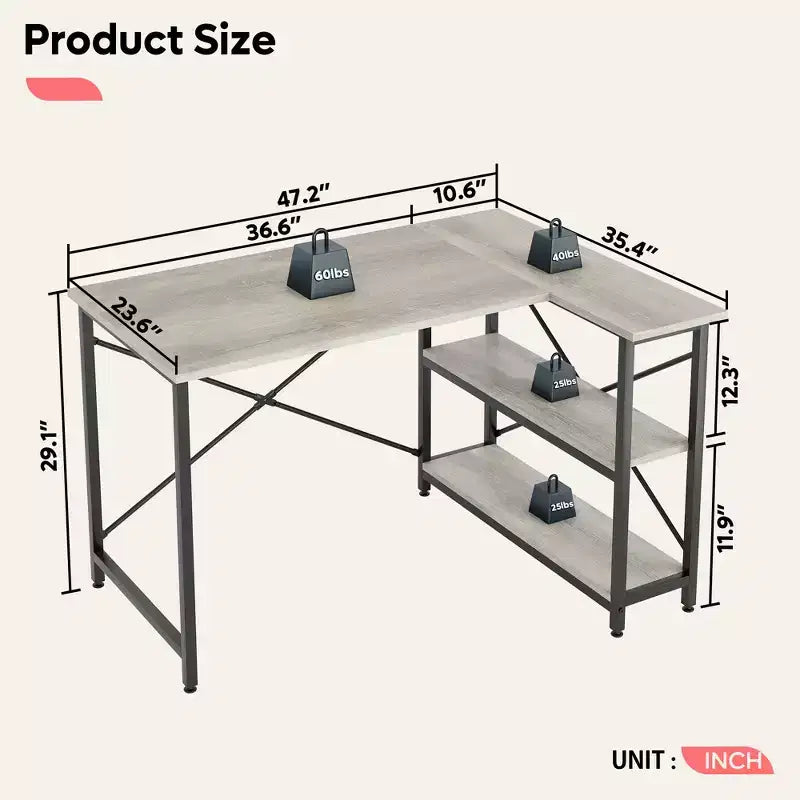 Bestier Scrivania ad angolo a L piccola con ripiani, scrivania da lavoro per studio da 120 cm, workstation per ufficio domestico per piccoli spazi