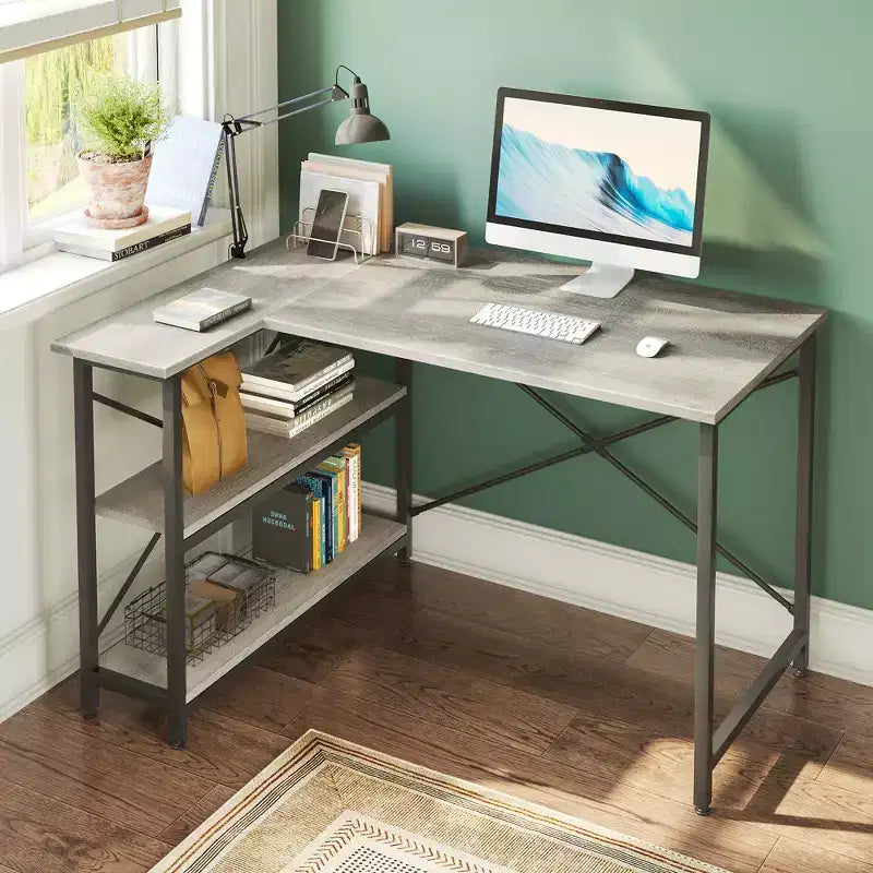 Bestier Scrivania ad angolo a L piccola con ripiani, scrivania da lavoro per studio da 120 cm, workstation per ufficio domestico per piccoli spazi