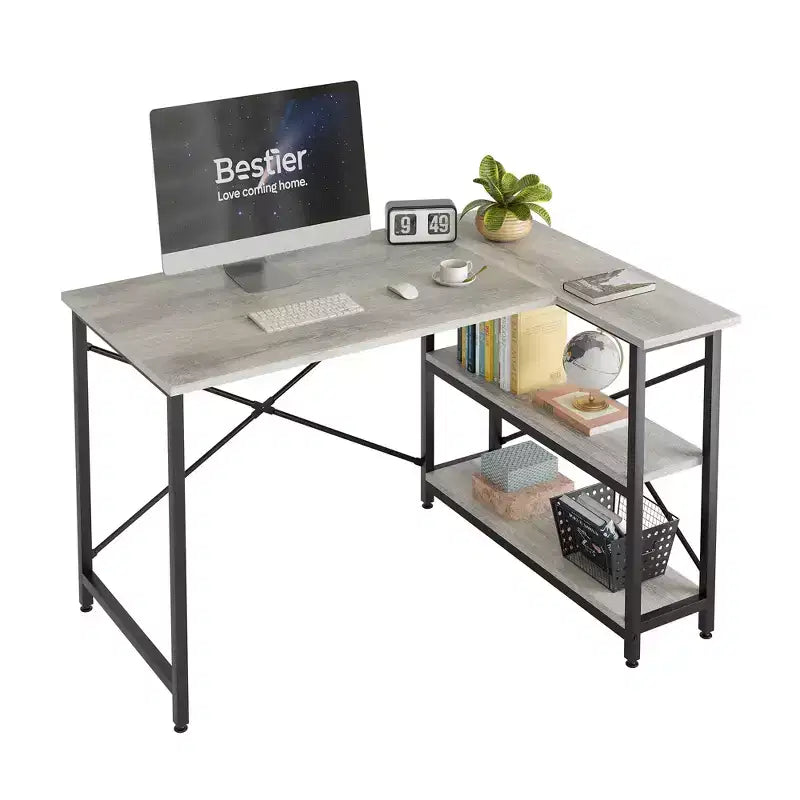 Bestier Scrivania ad angolo a L piccola con ripiani, scrivania da lavoro per studio da 120 cm, workstation per ufficio domestico per piccoli spazi