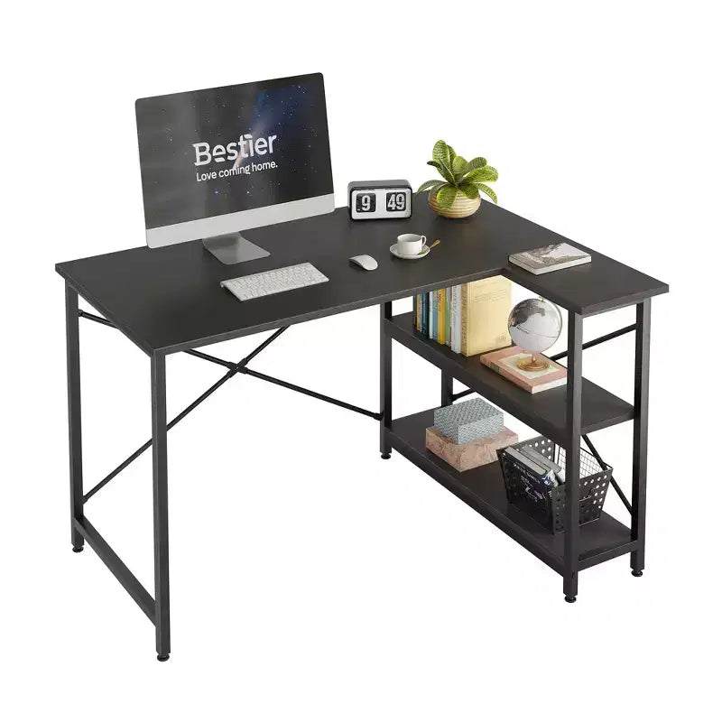 Bestier Scrivania ad angolo a L piccola con ripiani, scrivania da lavoro per studio da 120 cm, workstation per ufficio domestico per piccoli spazi